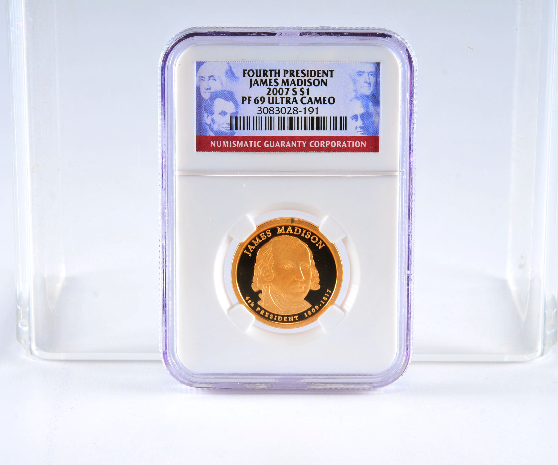 Encapsulated PF69 Ultra Cameo (by NGC) 2007 S James Madison Golden one dollar coin