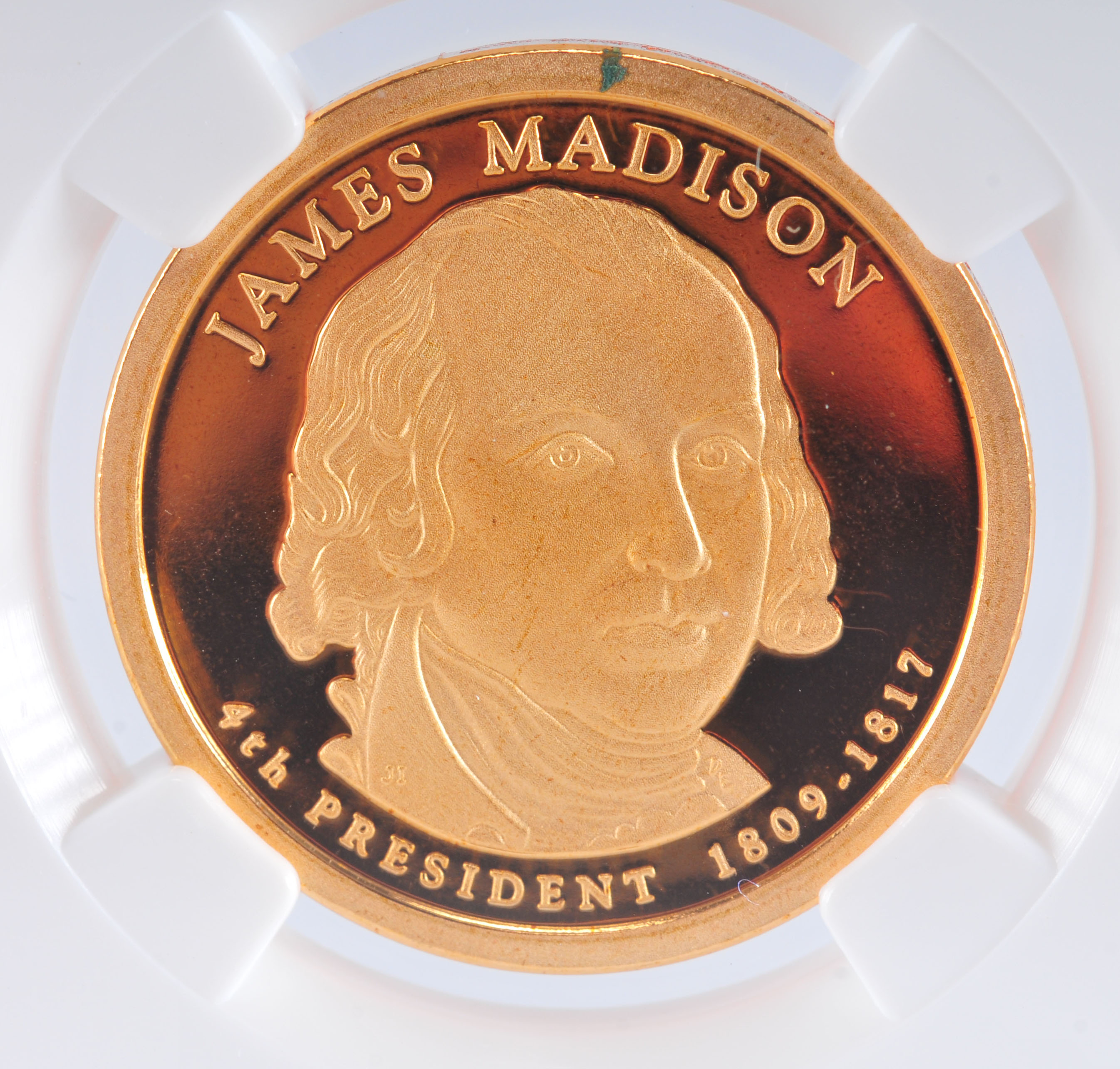 Encapsulated PF69 Ultra Cameo (by NGC) 2007 S James Madison Golden one dollar coin