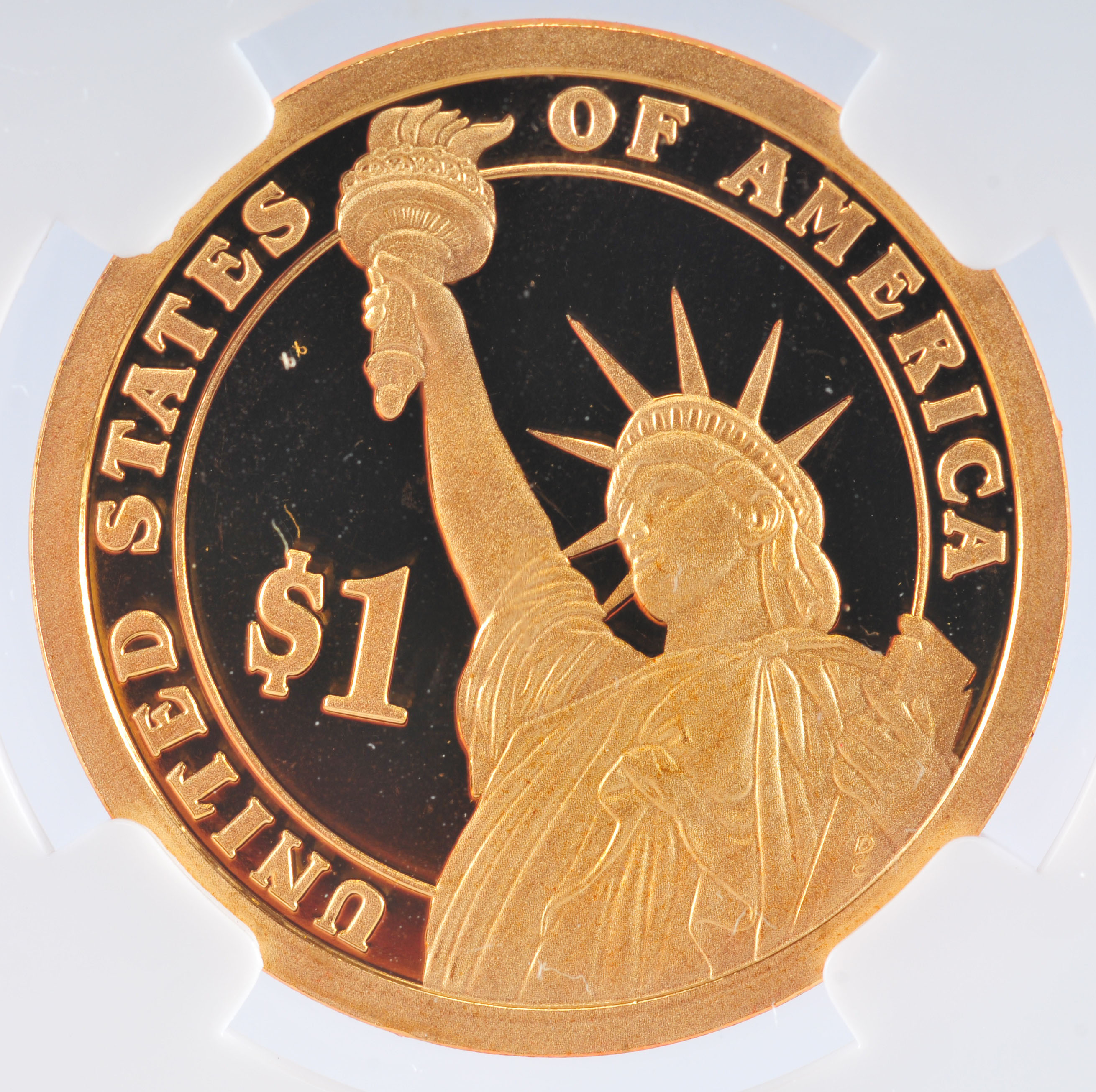 Encapsulated PF69 Ultra Cameo (by NGC) 2007 S James Madison Golden one dollar coin