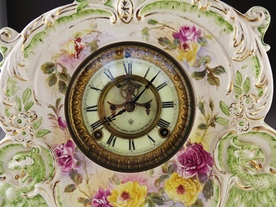 Circa 1905 Ansonia Clock Co Royal Bonn Porcelain mantle Clock