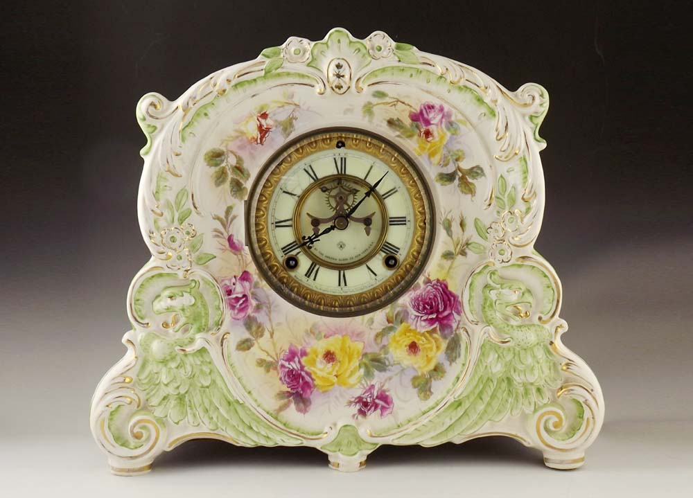 Circa 1905 Ansonia Clock Co Royal Bonn Porcelain mantle Clock