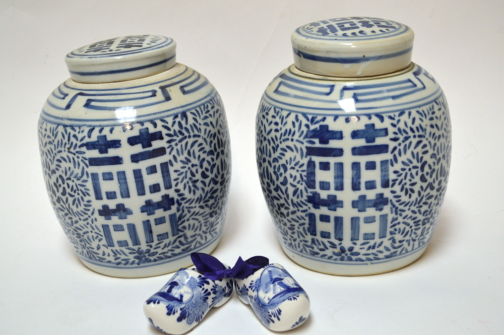 Matching pair of Ginger Jars and Miniature China Clogs