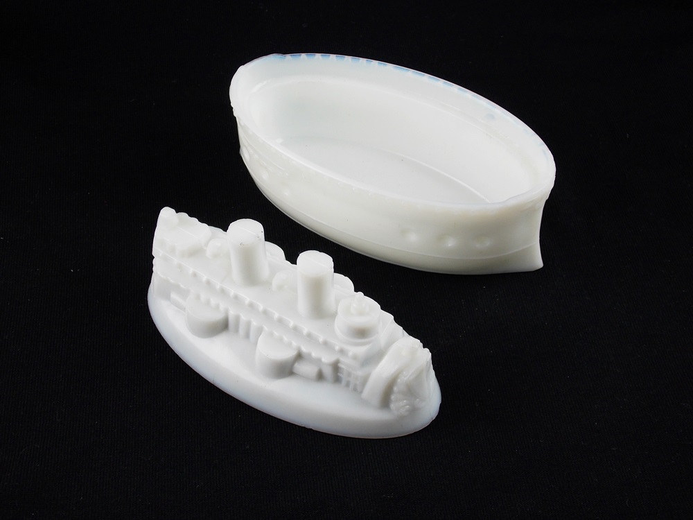 Rare antique Flaccus milk glass battleship
