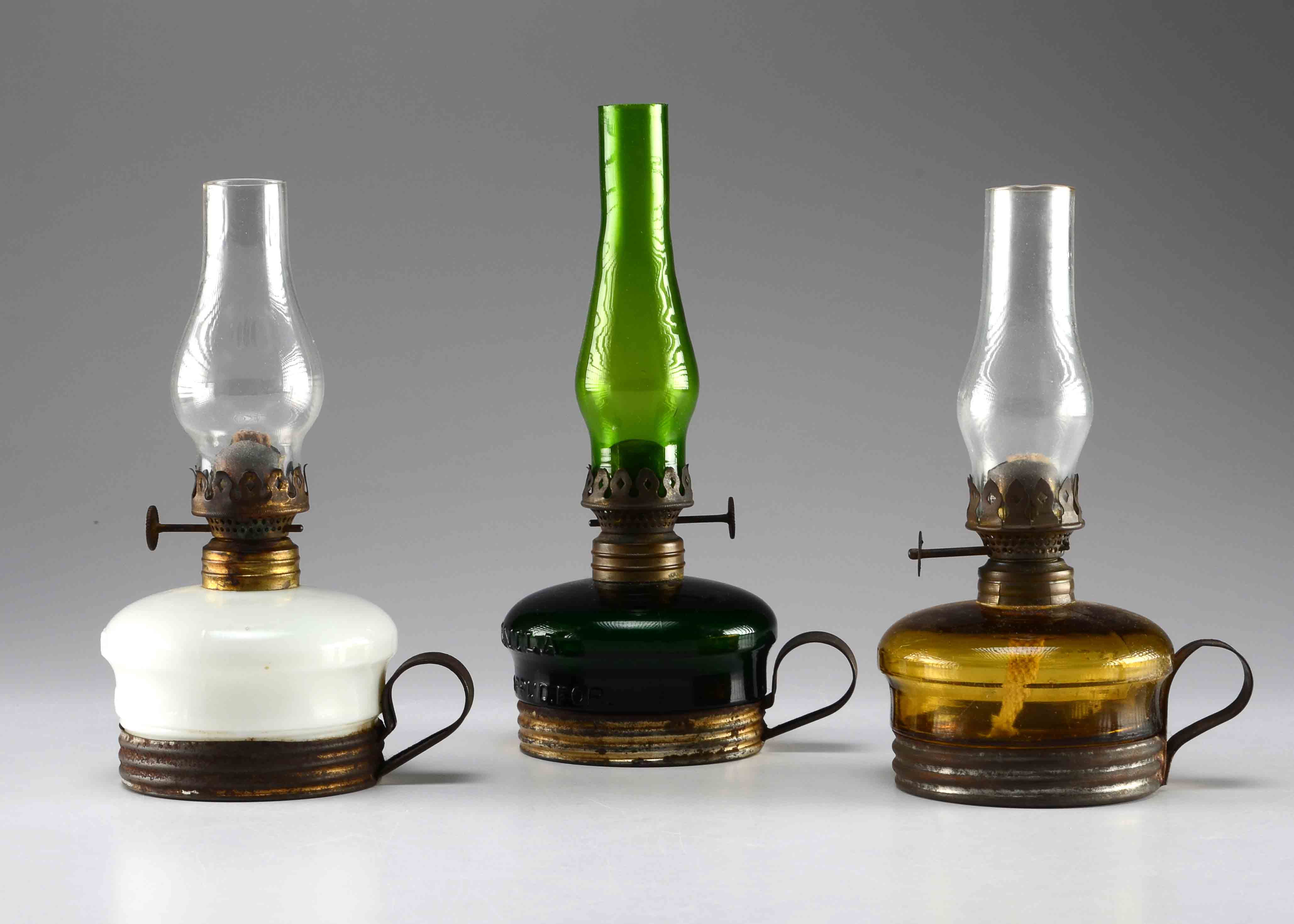  Circa mid to late 1800s. Trio of "Manila" oil lamps