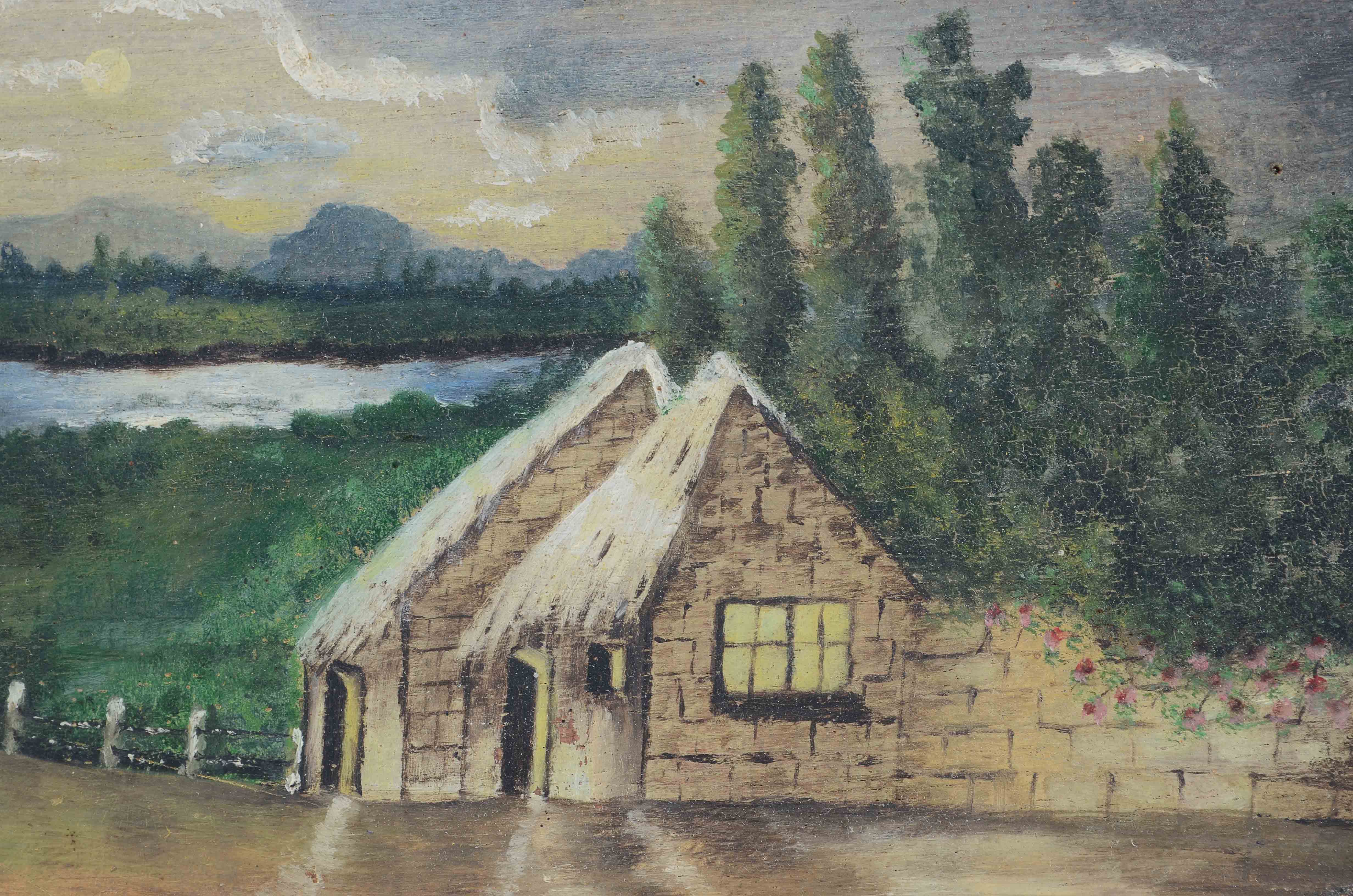 Framed landscape painting on wood