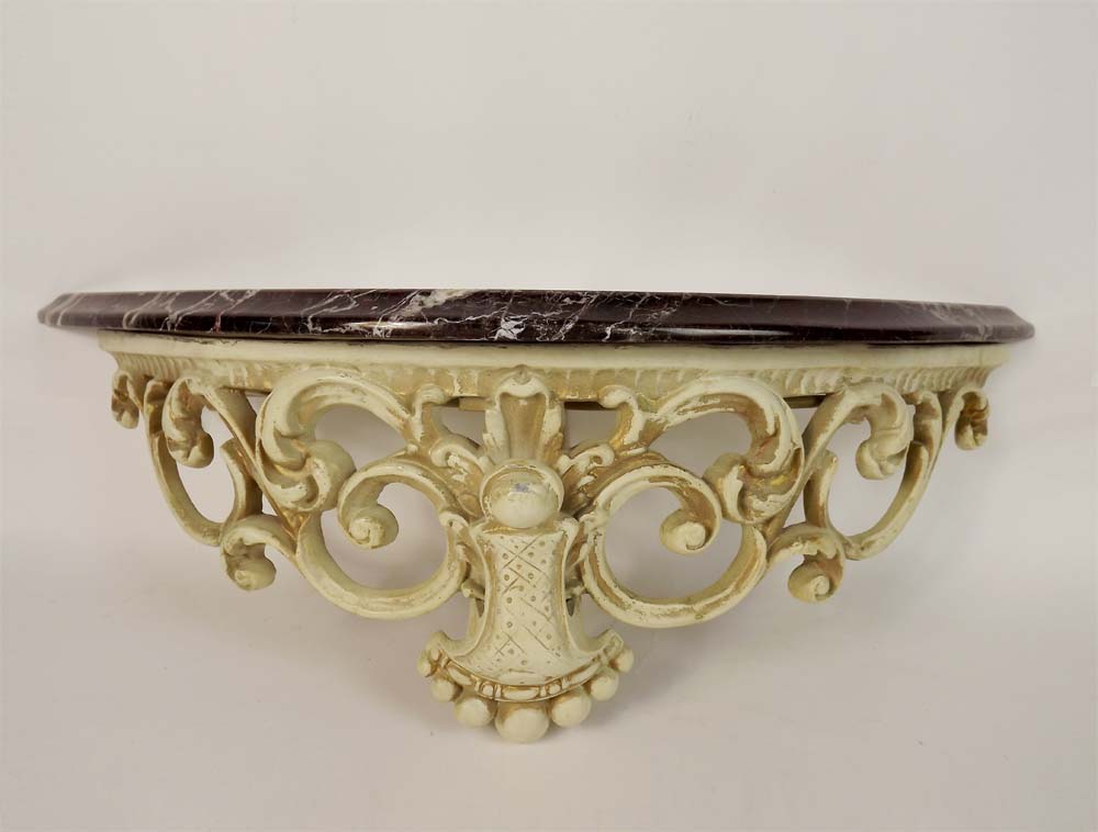 Vintage Painted Metal and Marble Demilune Shelf