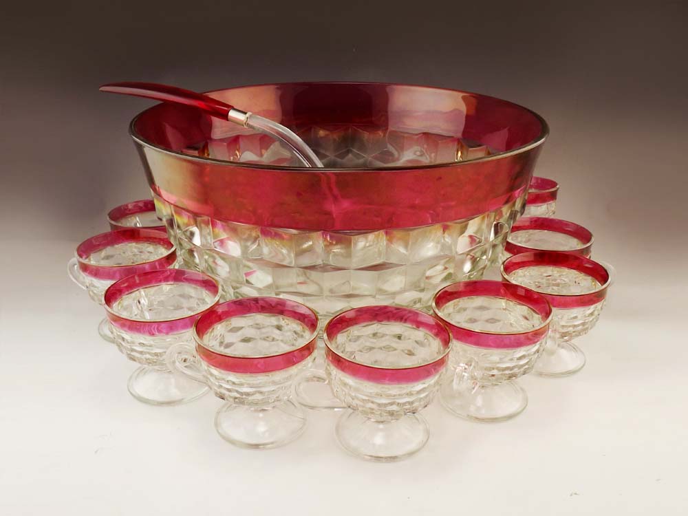 Indiana Glass Whitehall Colonial Ruby Flash Punch Bowl Set