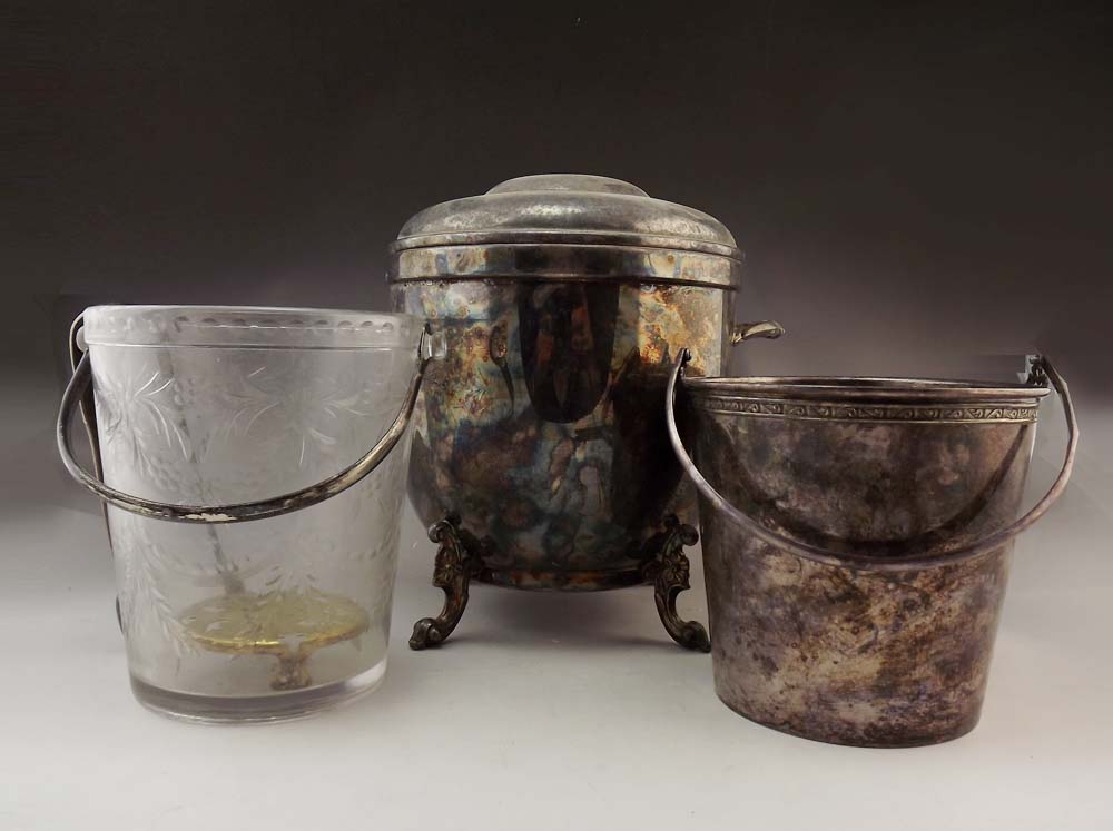 Trio of Vintage Silverplate and Etched Glass Ice Buckets