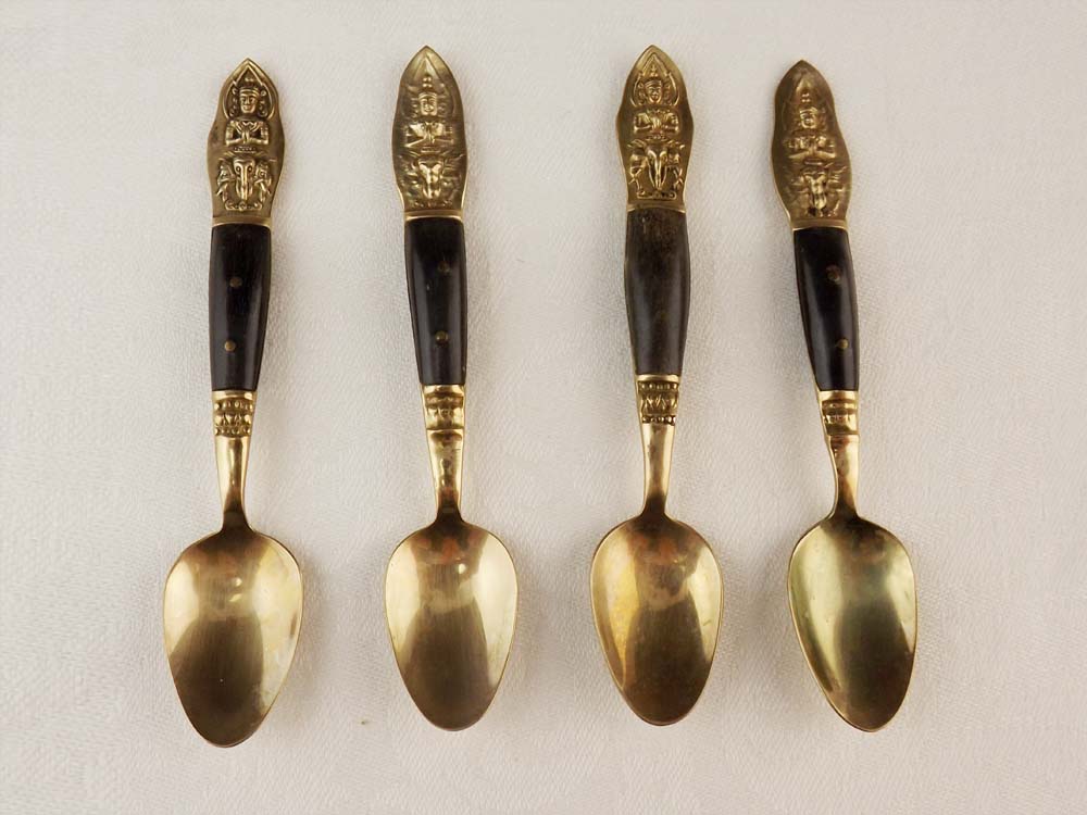Set of Gold-Washed and Ebony Demitasse Spoons from Thailand