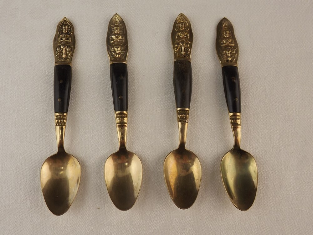 Set of Gold-Washed and Ebony Demitasse Spoons from Thailand