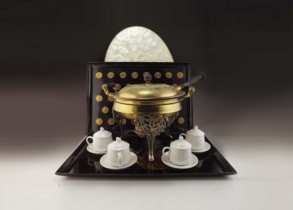 Fitz and Floyd Pots de Creme Set, Couroc Trays, Brass Fondue Pot