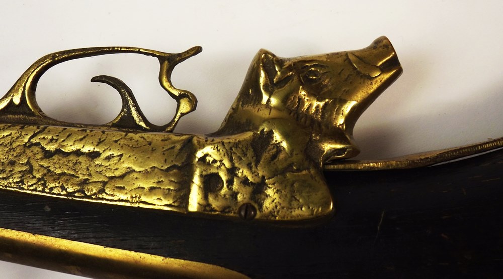 Boar Head Brass and Wood Decorative Gun