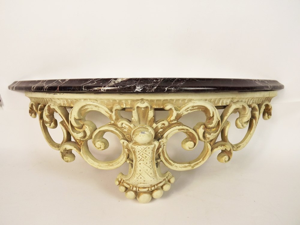 Vintage Painted Metal and Marble Demilune Shelf