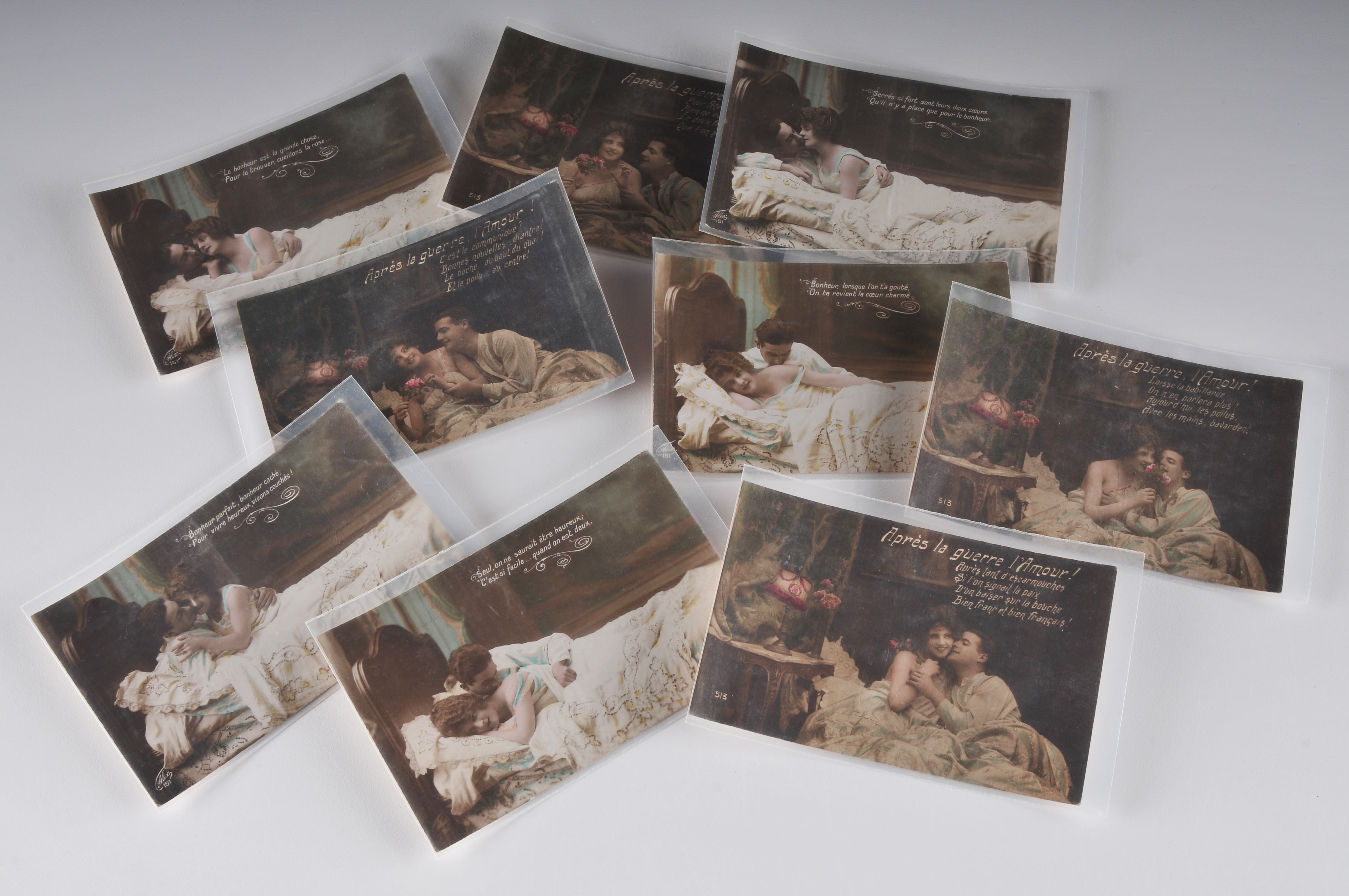 9 vintage sepia toned and hand colored Parisian "L'Amour" postcards 