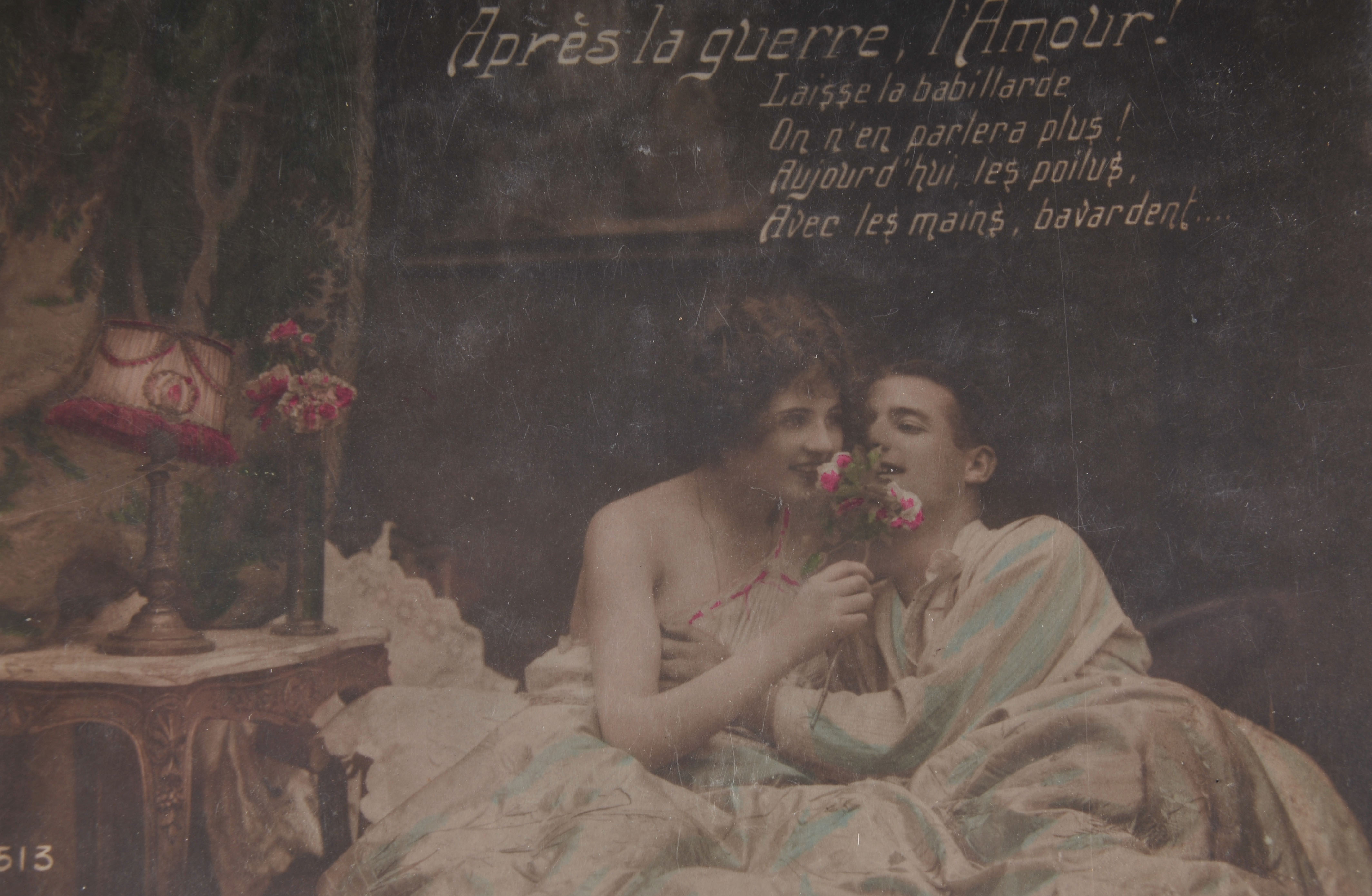 9 vintage sepia toned and hand colored Parisian "L'Amour" postcards 