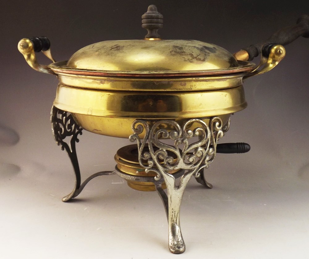 Fitz and Floyd Pots de Creme Set, Couroc Trays, Brass Fondue Pot