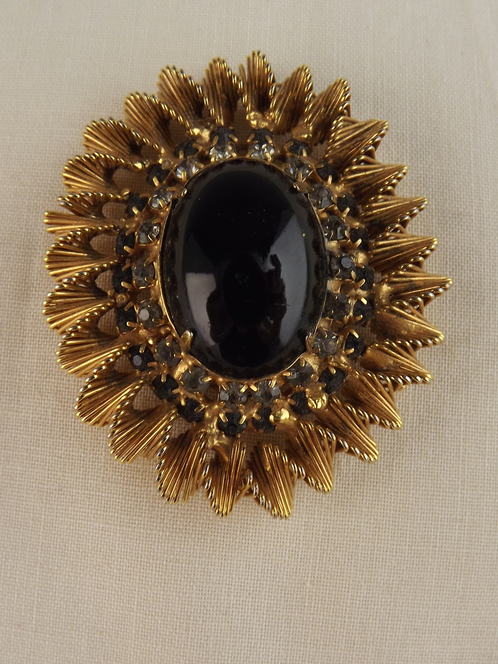 Vintage Ribbon Pin with Faux Pearls, Goldtone Pin with Stones, and Pair of Brass Chatelaine Fittings