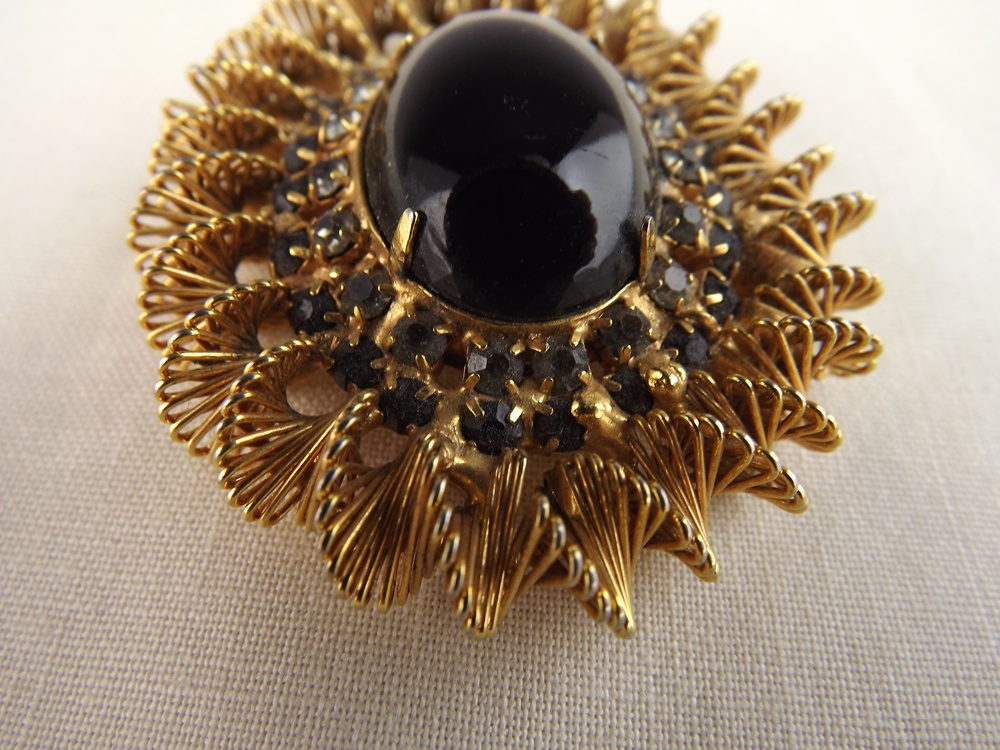 Vintage Ribbon Pin with Faux Pearls, Goldtone Pin with Stones, and Pair of Brass Chatelaine Fittings