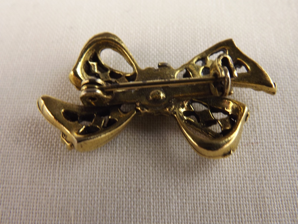 Vintage Ribbon Pin with Faux Pearls, Goldtone Pin with Stones, and Pair of Brass Chatelaine Fittings