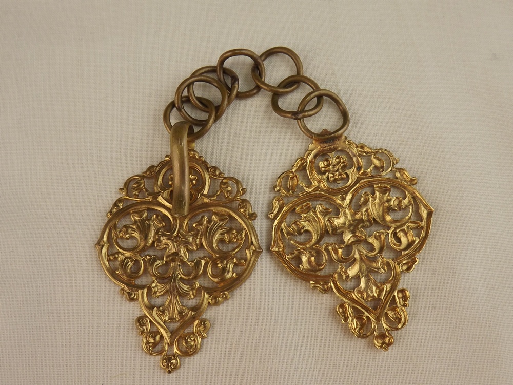 Vintage Ribbon Pin with Faux Pearls, Goldtone Pin with Stones, and Pair of Brass Chatelaine Fittings