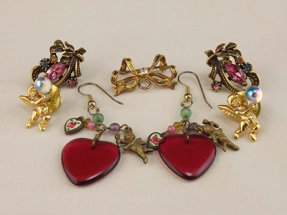 Vintage Coro Stone Earrings, Victorian Style Pendant Earrings, and Sterling Silver Ribbon Pin