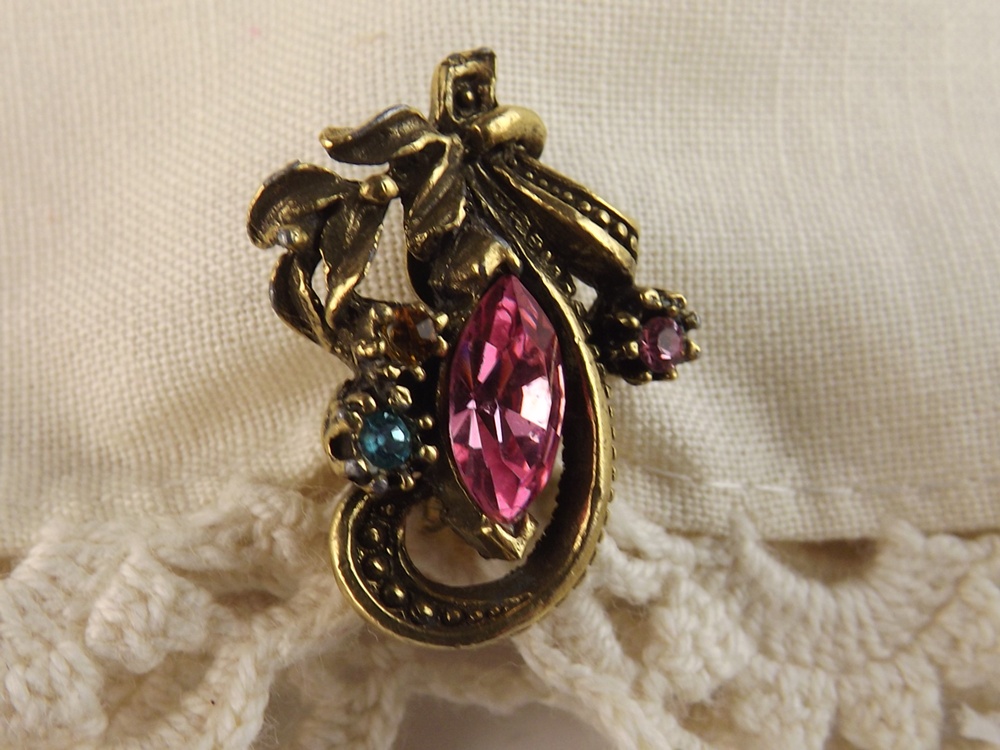 Vintage Coro Stone Earrings, Victorian Style Pendant Earrings, and Sterling Silver Ribbon Pin