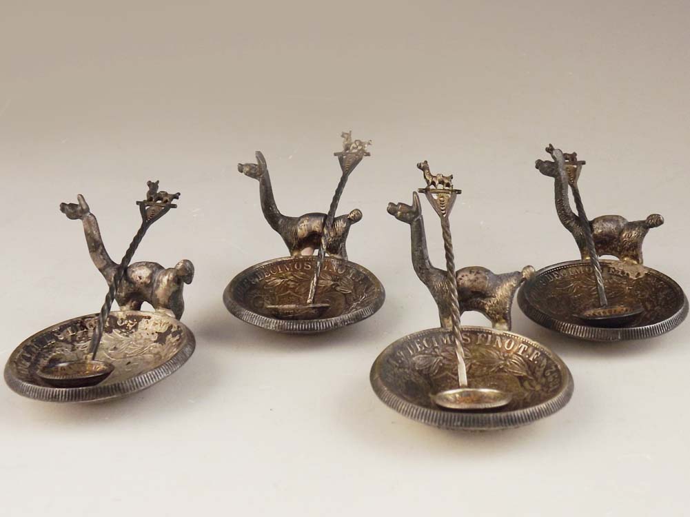Vintage Peruvian Coin Silver Salt Dishes and Spoons