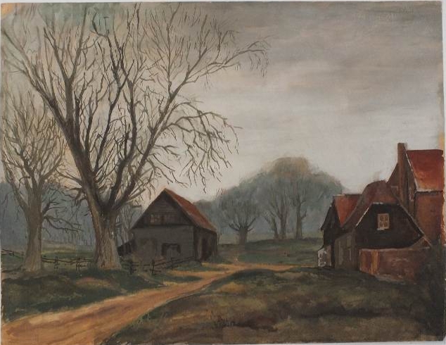 An unsigned watercolor on paper which depicts a barn scene in between the seasons with wonderful majestic trees