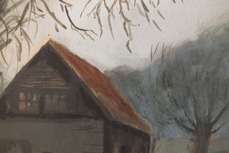 An unsigned watercolor on paper which depicts a barn scene in between the seasons with wonderful majestic trees