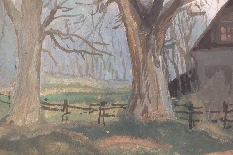An unsigned watercolor on paper which depicts a barn scene in between the seasons with wonderful majestic trees