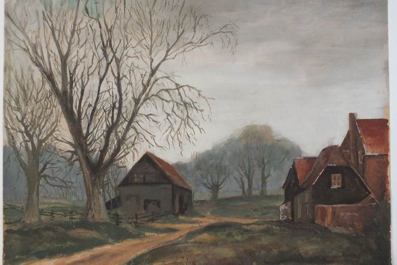 An unsigned watercolor on paper which depicts a barn scene in between the seasons with wonderful majestic trees