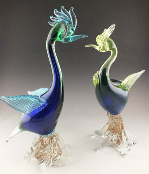 Pair of exotic art glass birds