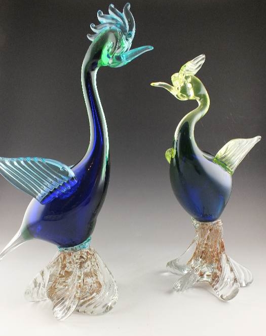Pair of exotic art glass birds