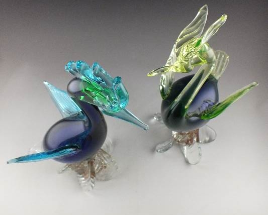 Pair of exotic art glass birds