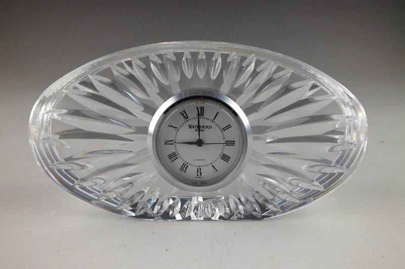 A lovely Waterford Crystal clock with acid etch mark and label on base