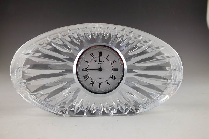 A lovely Waterford Crystal clock with acid etch mark and label on base