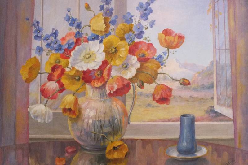 An original oil  floral still life on canvas  signed  by New York artist, CR Breslin