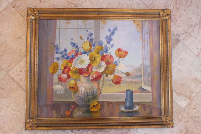 An original oil  floral still life on canvas  signed  by New York artist, CR Breslin