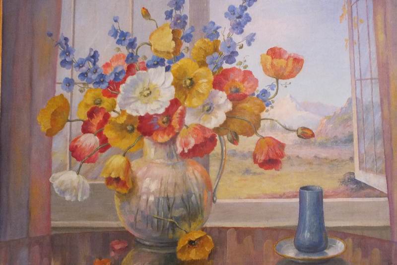An original oil  floral still life on canvas  signed  by New York artist, CR Breslin
