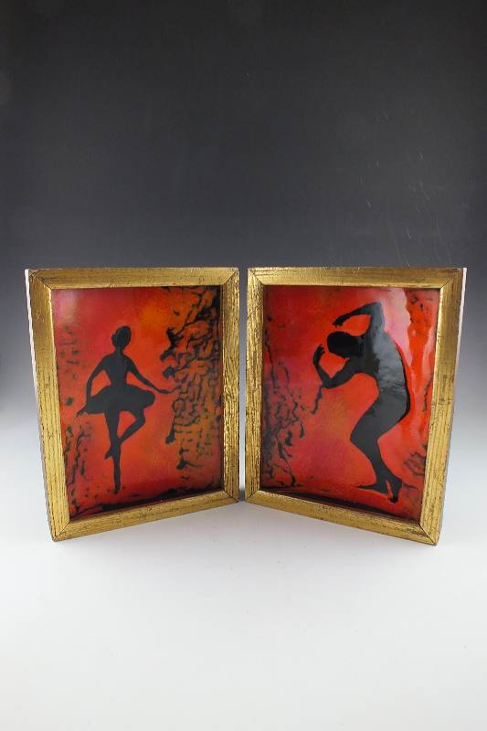 A pair of orignal enamel art pieces signed and dated by artist, Simpson 1964