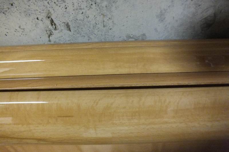 Contemporary style Queen size Qtr. Figured Anigre veneer and laminated woodgrain head board and foot board from USA Pilliod Furniture Inc., Division of Ladd Furniture