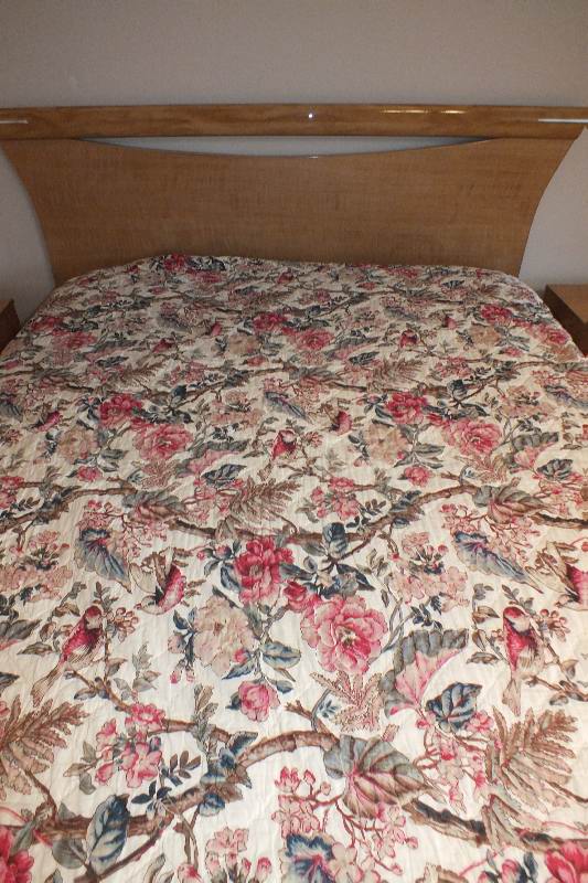 Contemporary style Queen size Qtr. Figured Anigre veneer and laminated woodgrain head board and foot board from USA Pilliod Furniture Inc., Division of Ladd Furniture