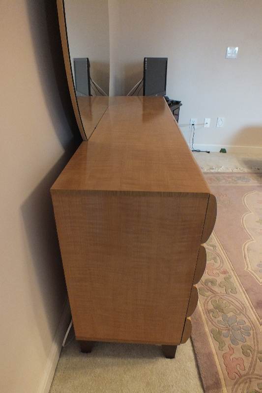 Contemporary style dresser with round detachable mirror from  USA Pilliod Furniture Inc., Division of Ladd Furniture