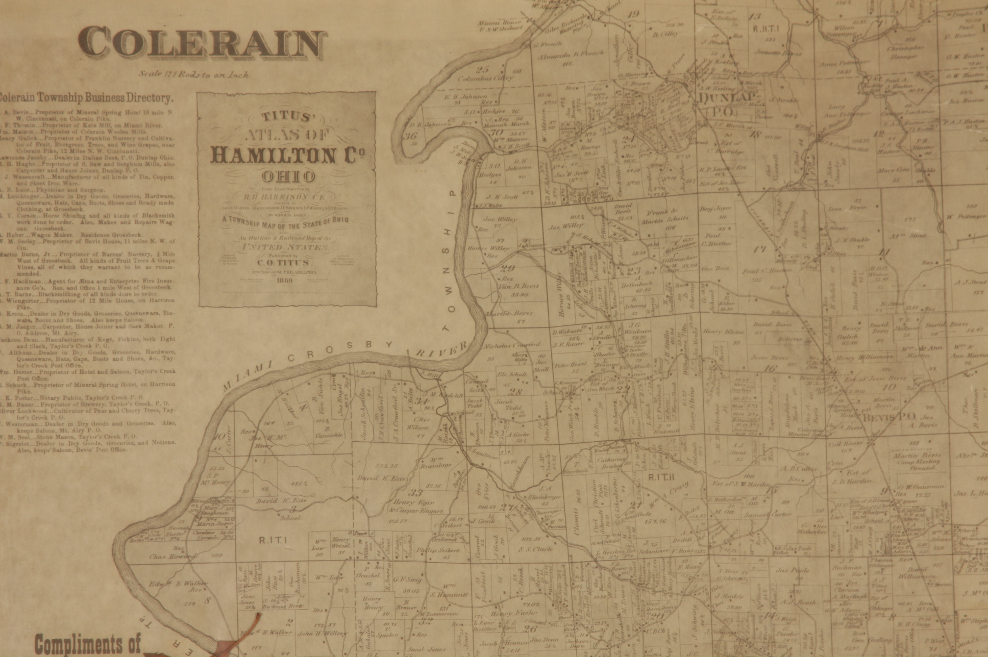 1869 Map of Colerain, Cincinnati, Ohio