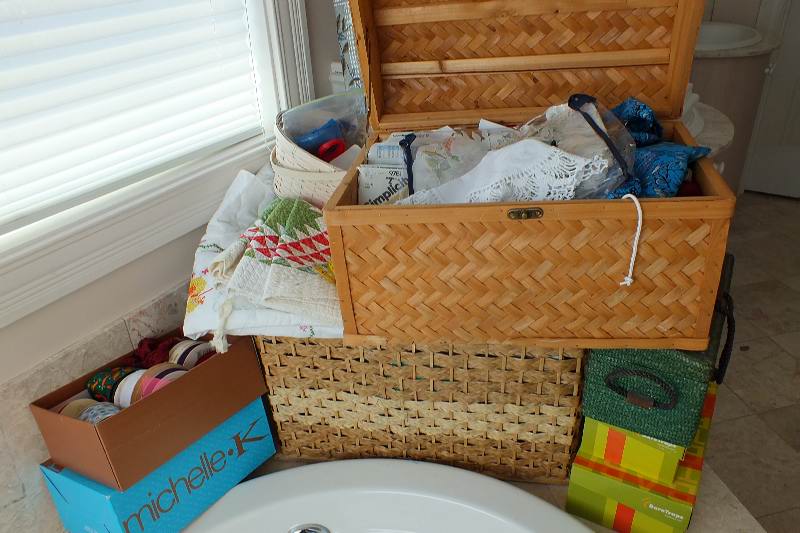 Sewing supplies and fabrics.