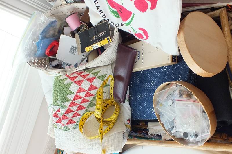 Sewing supplies and fabrics.