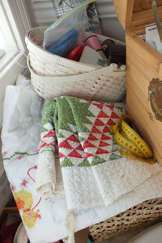 Sewing supplies and fabrics.