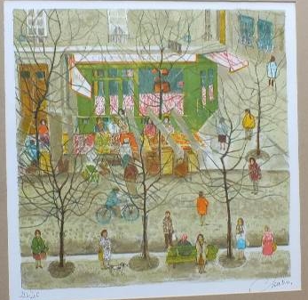 A signed and numbered 223/260, print by artist Nathalie Chabrier which depicts a Parisian street scene from a unique folk art perspective