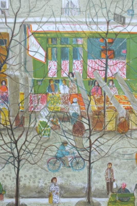 A signed and numbered 223/260, print by artist Nathalie Chabrier which depicts a Parisian street scene from a unique folk art perspective