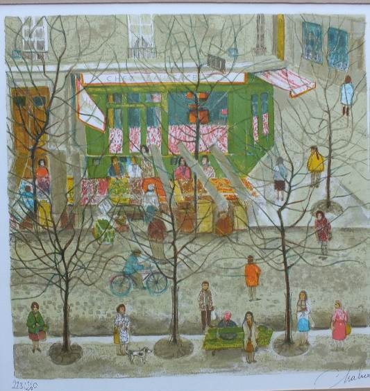 A signed and numbered 223/260, print by artist Nathalie Chabrier which depicts a Parisian street scene from a unique folk art perspective